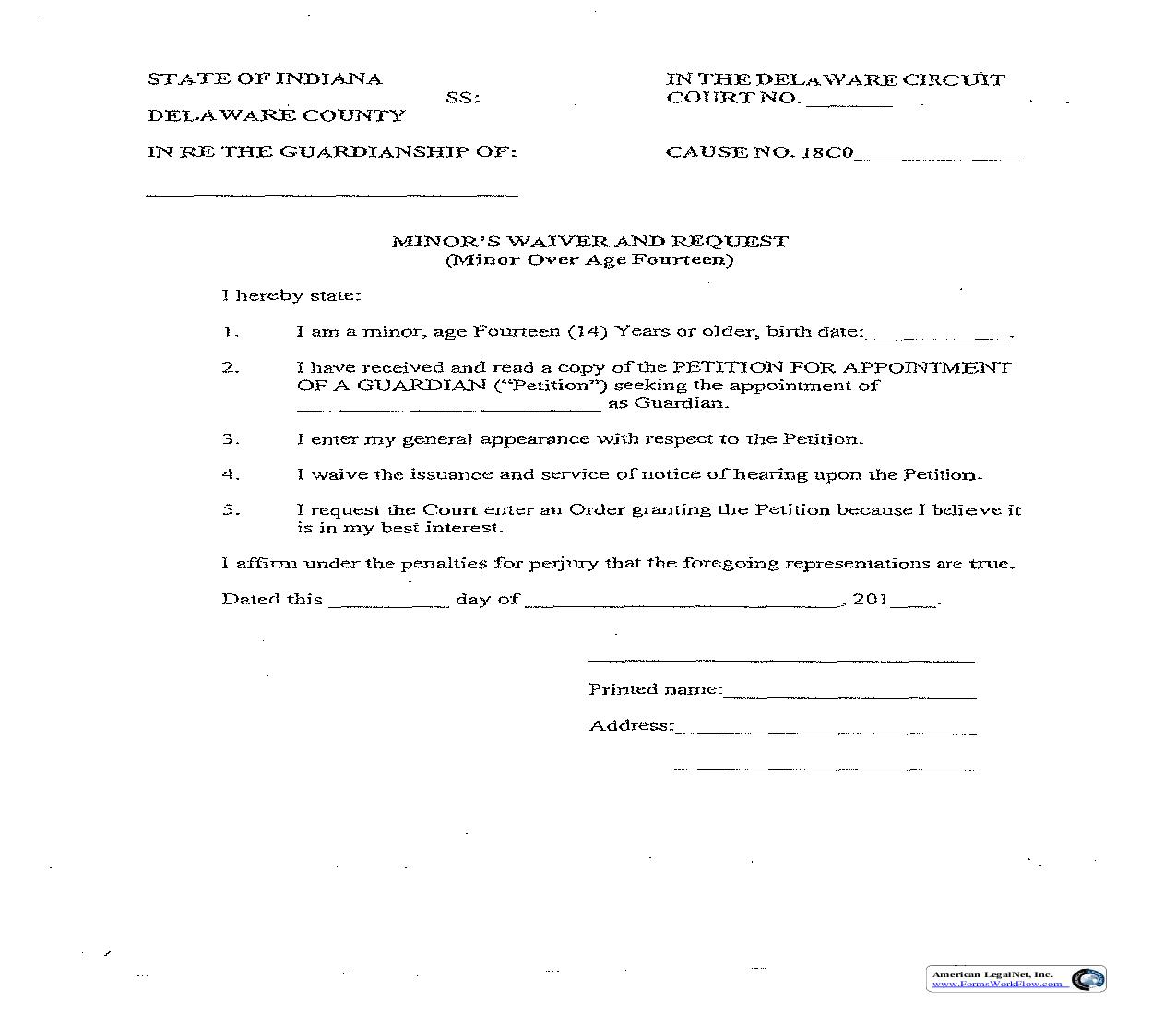 Minors Waiver And Request | Pdf Fpdf Doc Docx | Indiana