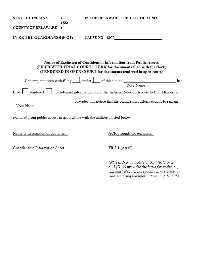 Notice Of Exclusion Of Confidential Information From Public Access (Minor Guardianship) | Pdf Fpdf Docx | Indiana