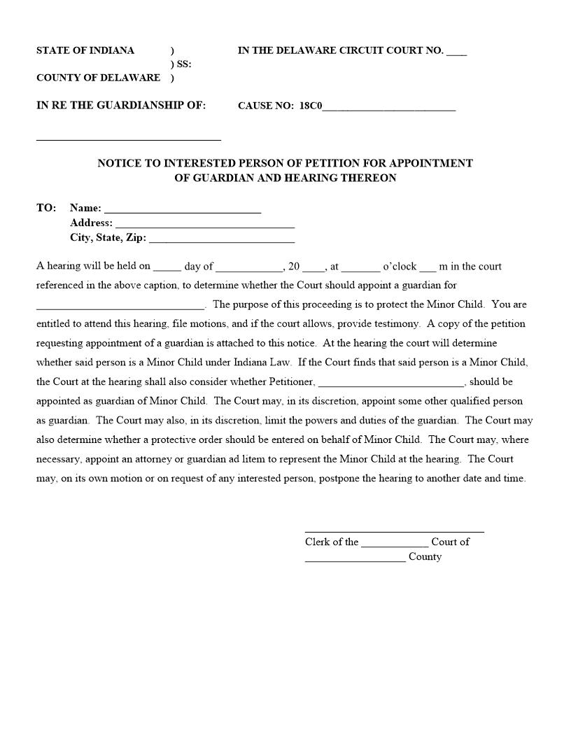 Notice Of Petition For Appointment Of Guardian And Hearing Thereon | Pdf Fpdf Docx | Indiana