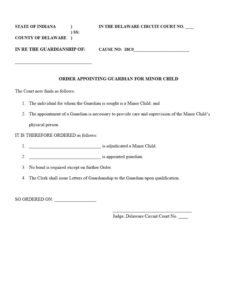 Order Appointing Guardian For Minor Child | Pdf Fpdf Docx | Indiana