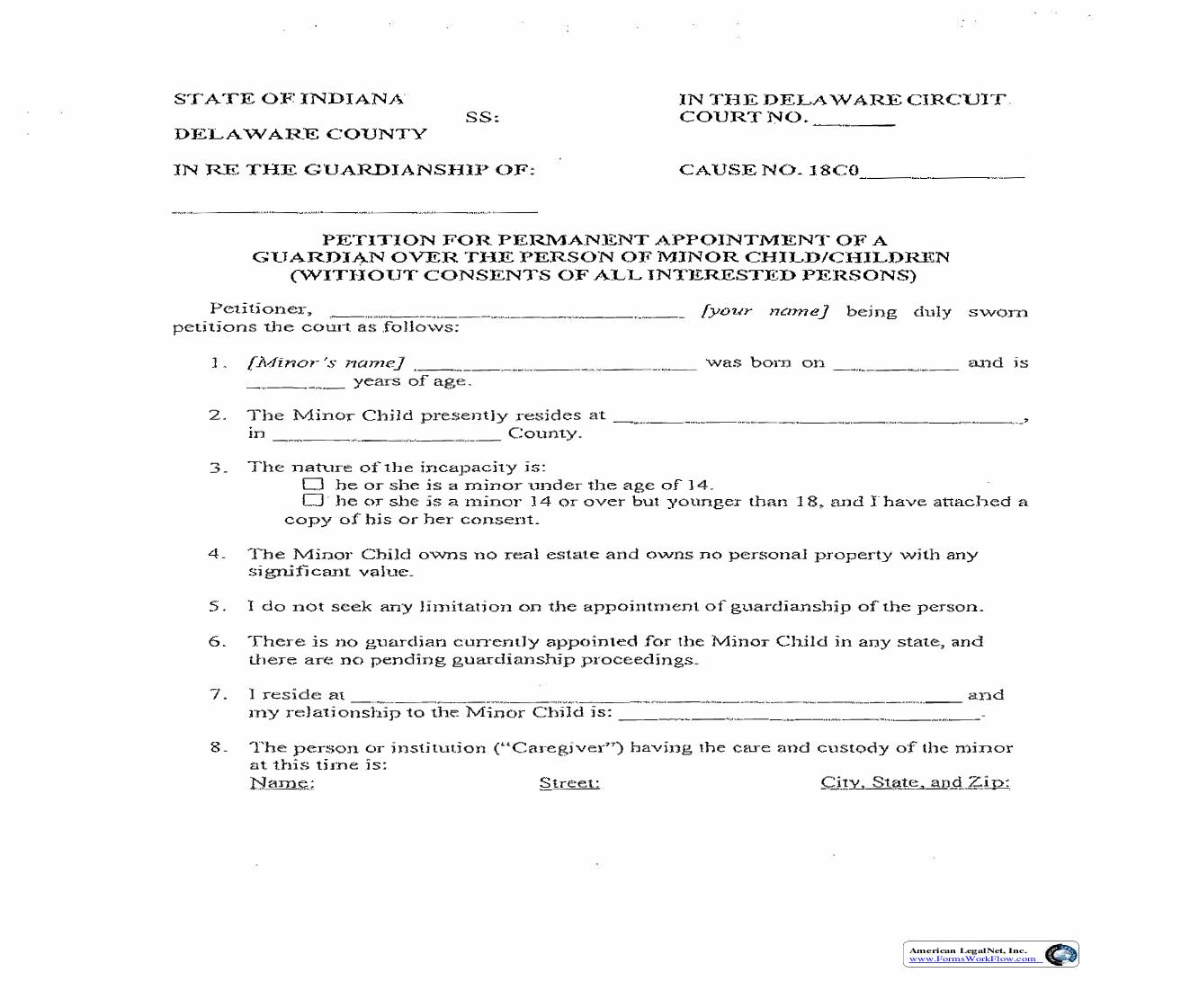 Petition For Appointment Of Permanent Guardian Of Minor (Without Consents) | Pdf Fpdf Doc Docx | Indiana