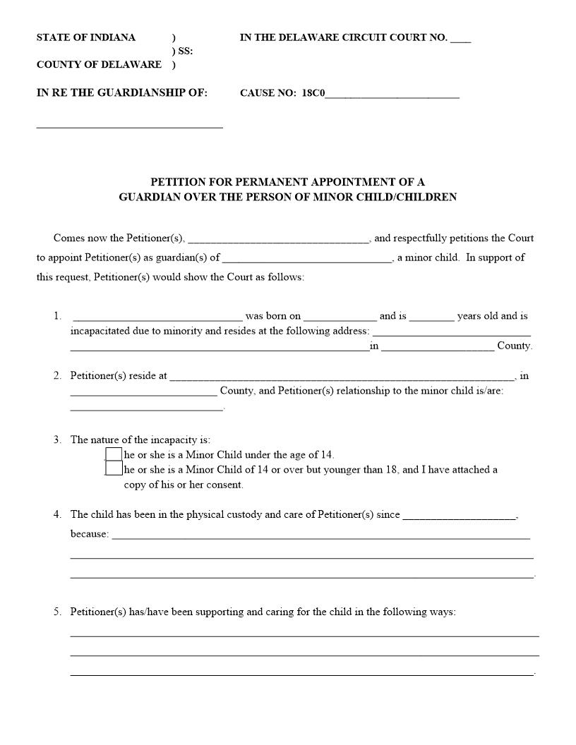 Petition For Permanent Appointment Guardian Over Person Of Minor Child(ren) | Pdf Fpdf Docx | Indiana
