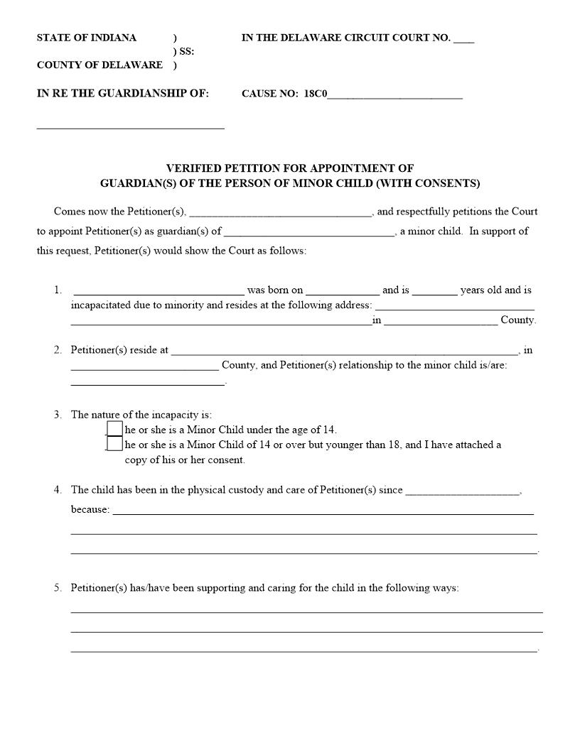 Verified Petition For Appointment Of Guardian(s) Of Minor Child (With Consents) | Pdf Fpdf Docx | Indiana