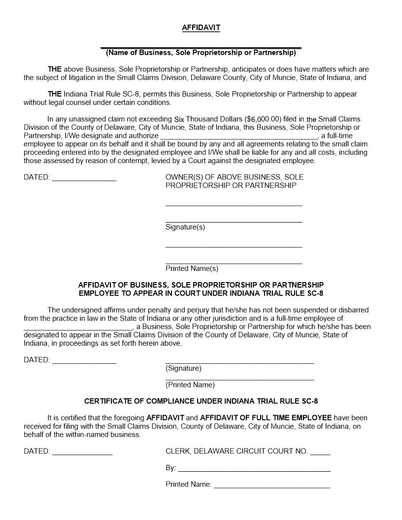 Affidavit (Employee Representing Business In Small Claims Action) | Pdf Fpdf Doc Docx | Indiana