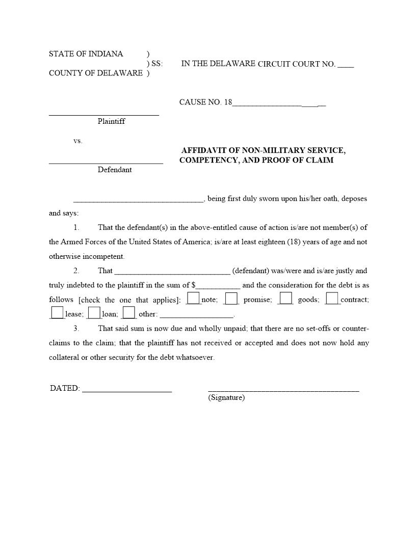 Affidavit Of Non Military Service Competency And Proof Of Claim | Pdf Fpdf Doc Docx | Indiana
