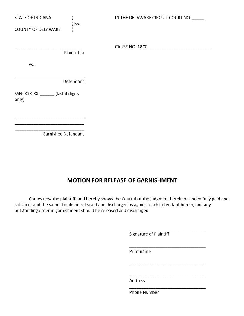 Motion For Release Of Garnishment | Pdf Fpdf Docx | Indiana