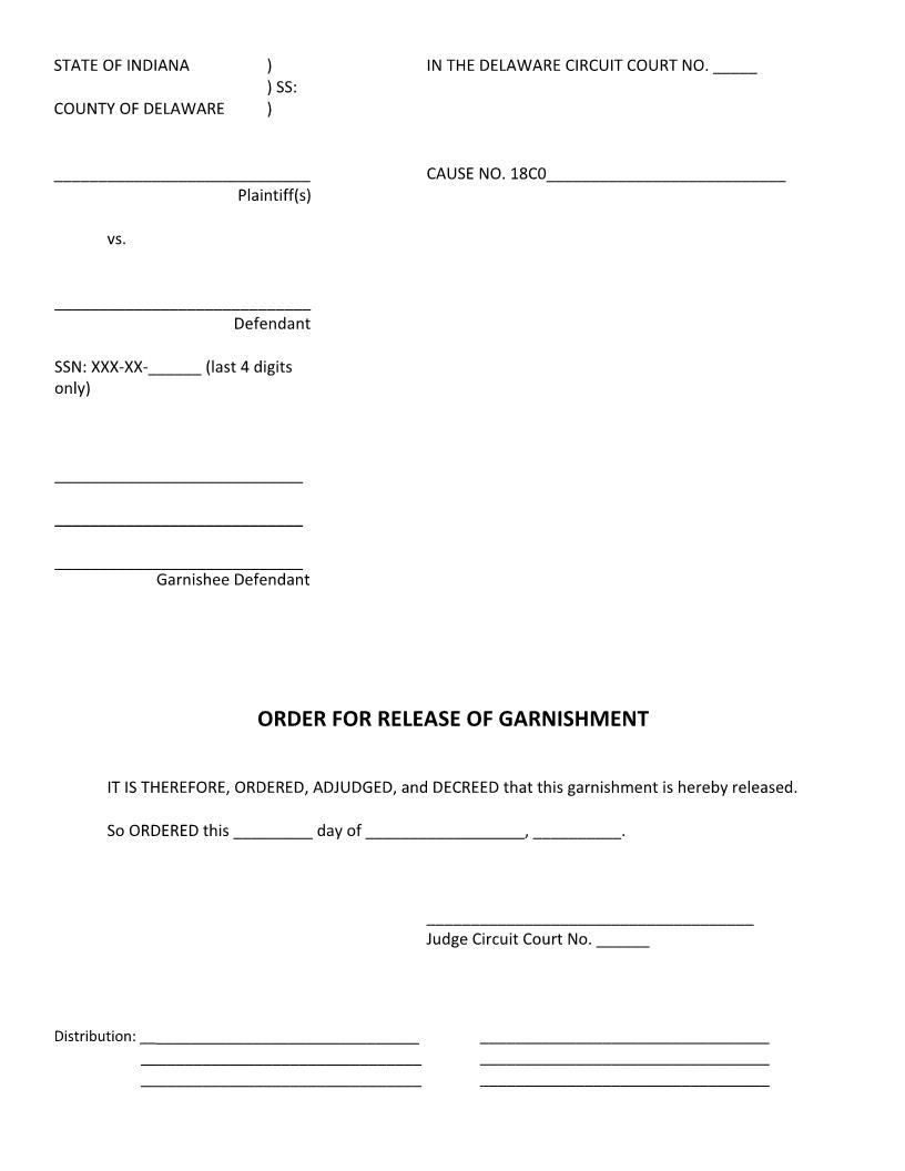 Order For Release Of Garnishment | Pdf Fpdf Docx | Indiana