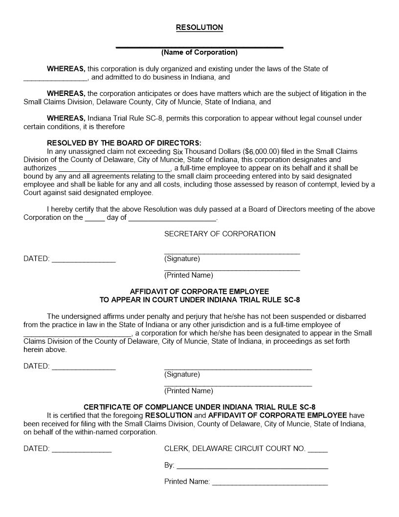 Resolution And Affidavit (Corporate Employee Appearing For Business In Small Claims Action) | Pdf Fpdf Doc Docx | Indiana