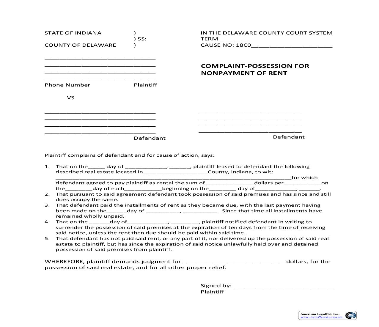 Complaint - Possession For Nonpayment Of Rent | Pdf Fpdf Doc Docx | Indiana