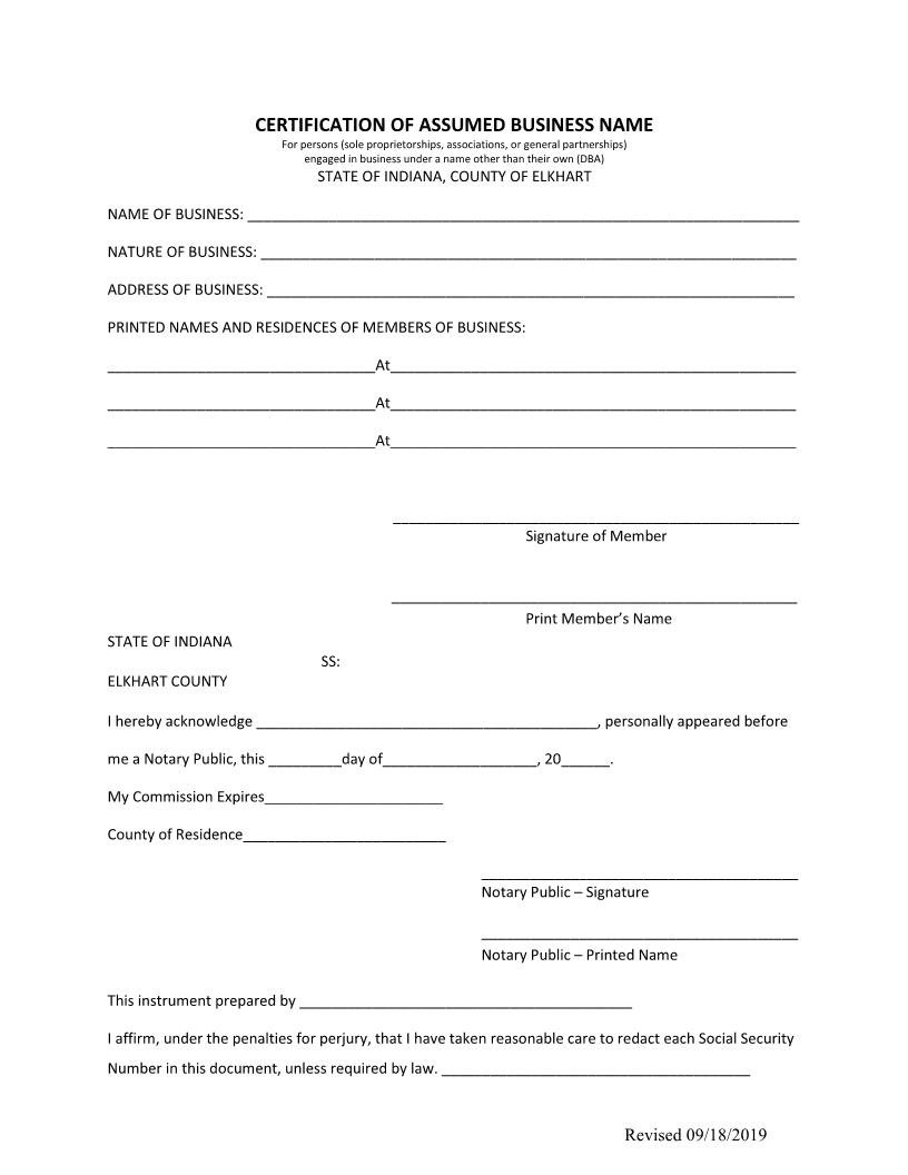 Certification Of Assumed Business Name | Pdf Fpdf Doc Docx | Indiana