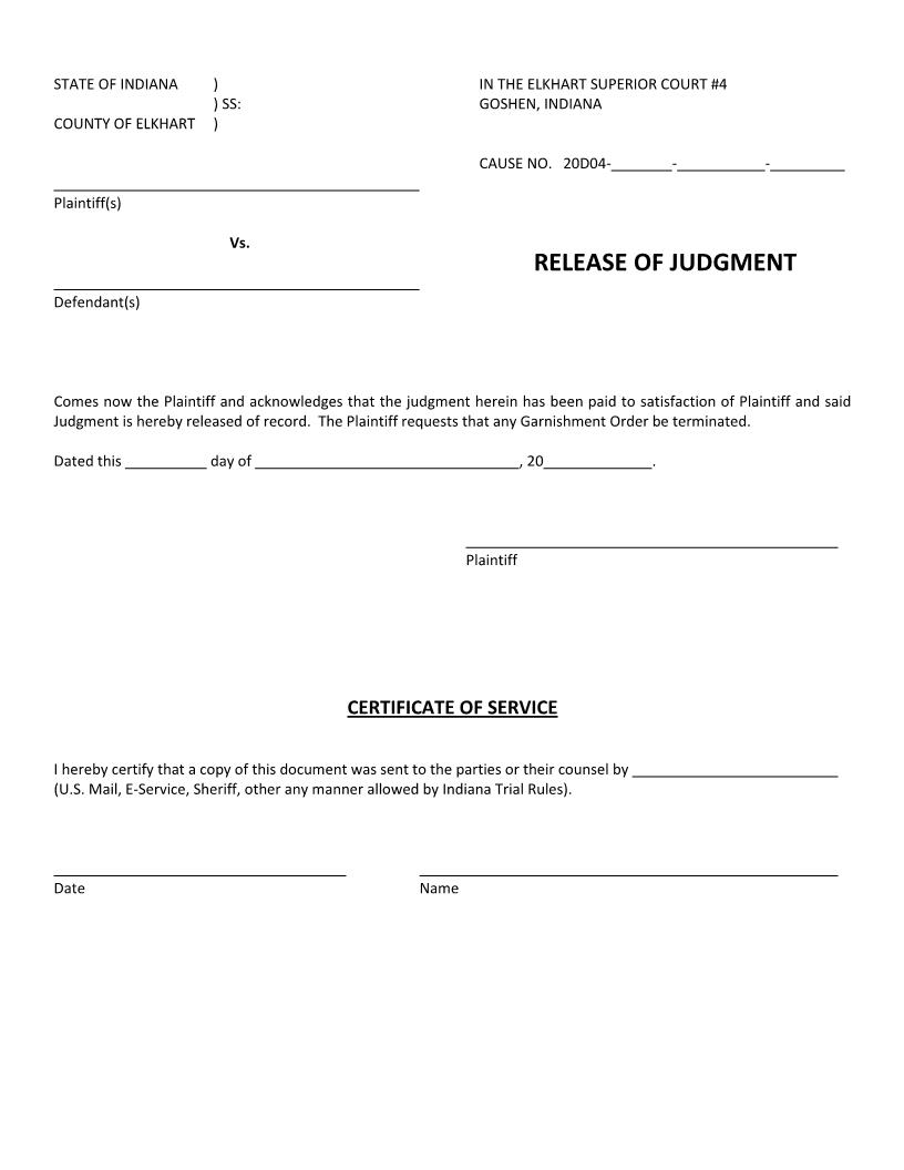 Release Of Judgment (Superior Court 4) | Pdf Fpdf Docx | Indiana