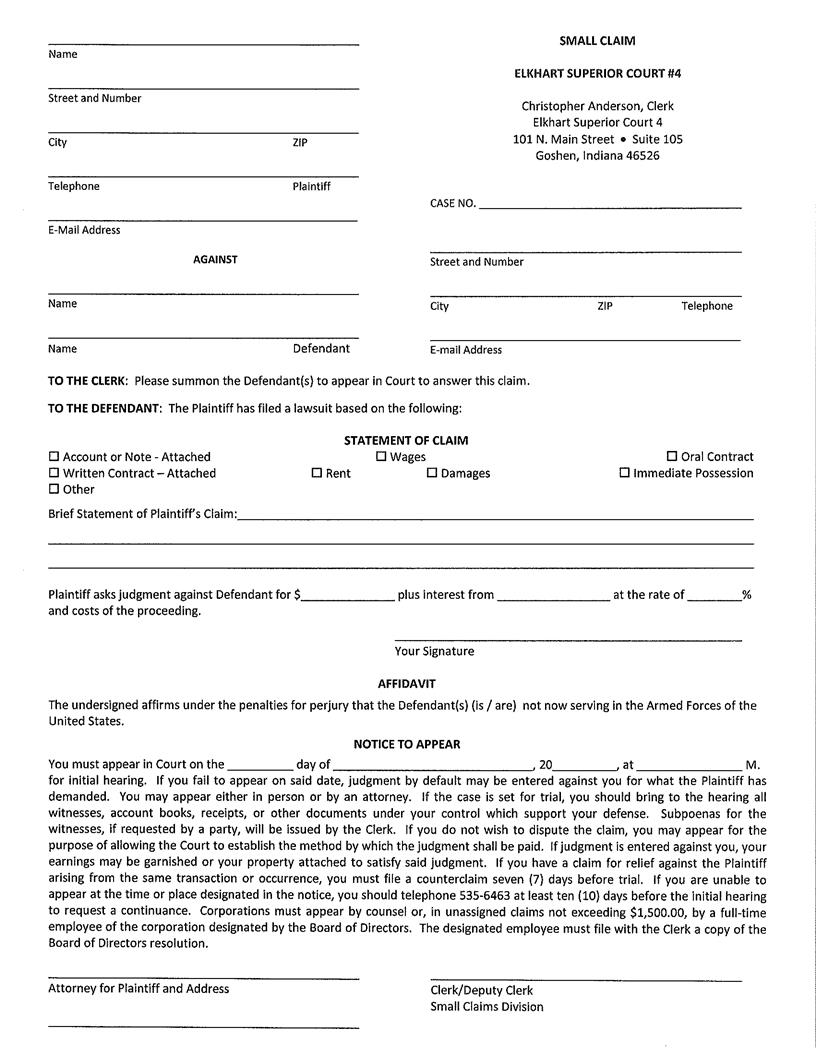 Statement Of Claim (Superior Court 4) | Pdf Fpdf Docx | Indiana