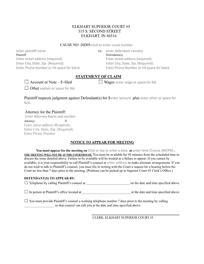Statement Of Claim (Superior Court 5) | Pdf Fpdf Docx | Indiana