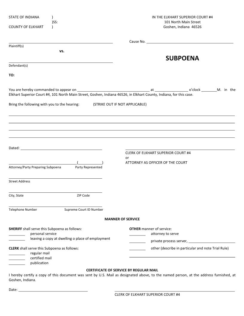 Subpoena (Superior Court 4) | Pdf Fpdf Docx | Indiana