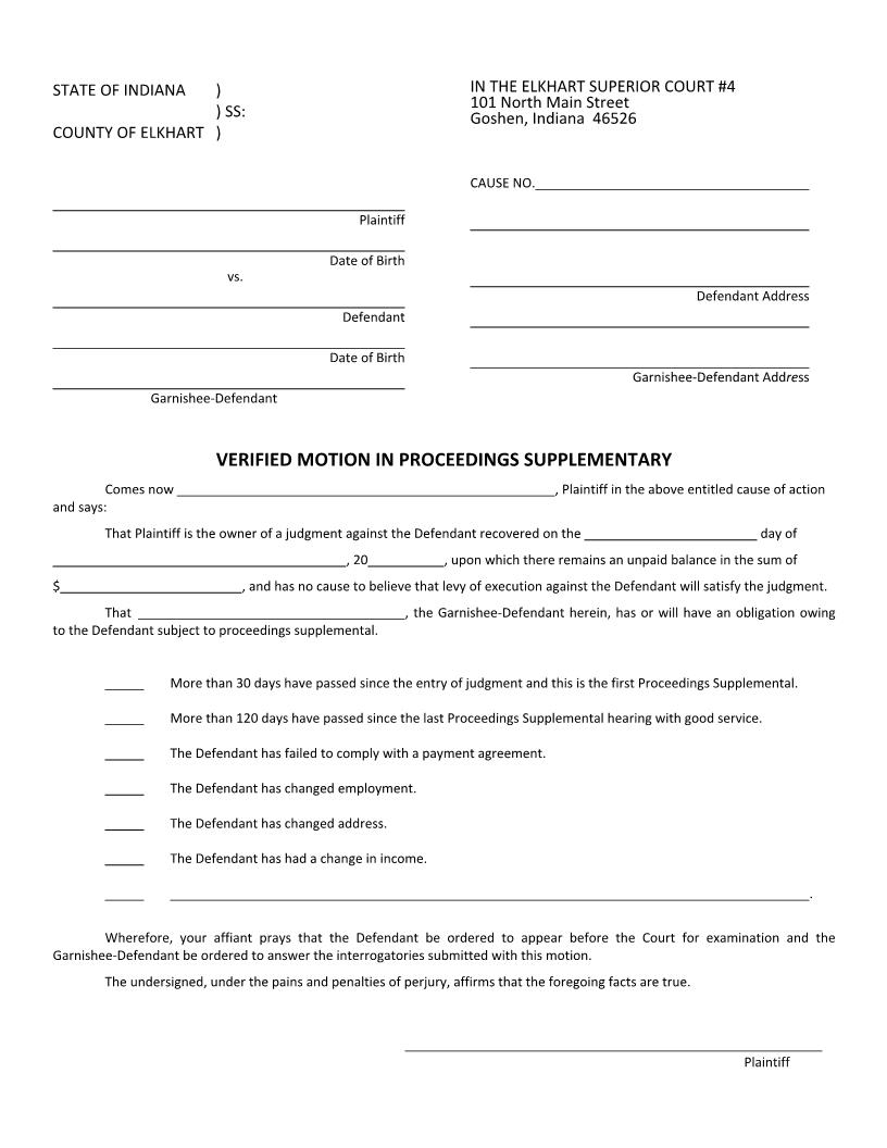 Verified Motion In Proceedings Supplementary (Superior Court 4) | Pdf Fpdf Docx | Indiana