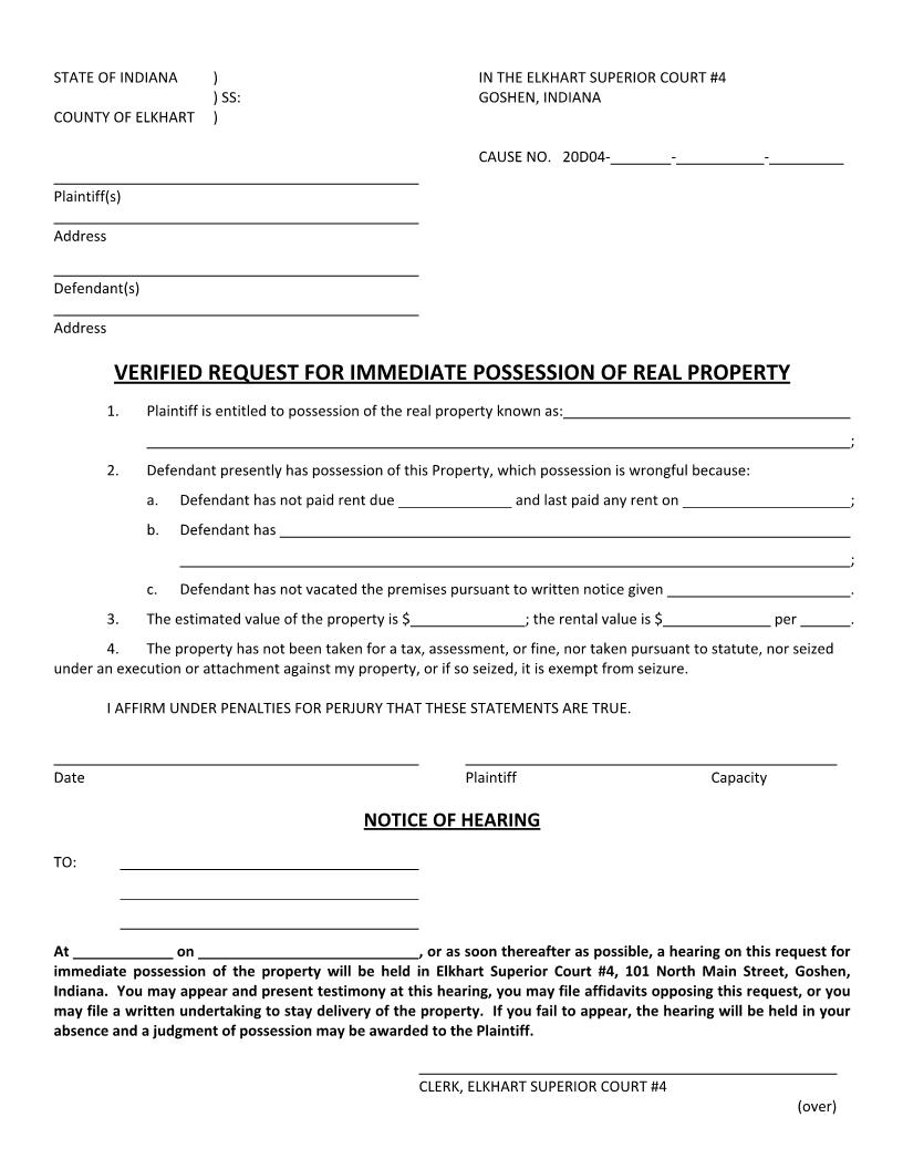 Verified Request For Immediate Possession Of Real Property (Superior Court 4) | Pdf Fpdf Docx | Indiana
