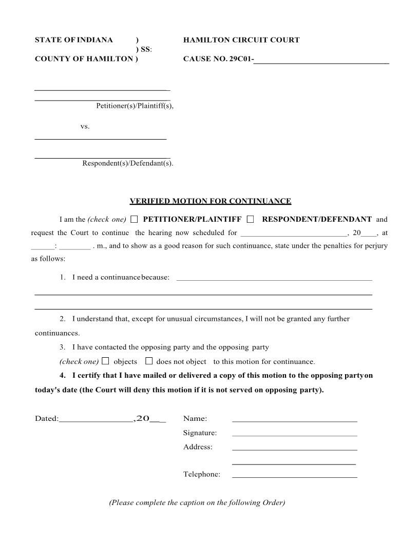 Verified Motion For Continuance And Order | Pdf Fpdf Docx | Indiana