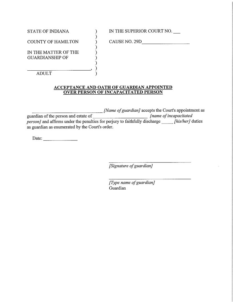 Acceptance And Oath Of Guardian Over Person Of Incapacitated Person | Pdf Fpdf Docx | Indiana