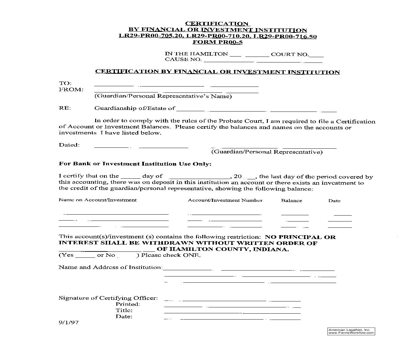 Certification By Financial Or Investment Institution {PR5} | Pdf Fpdf Doc Docx | Indiana