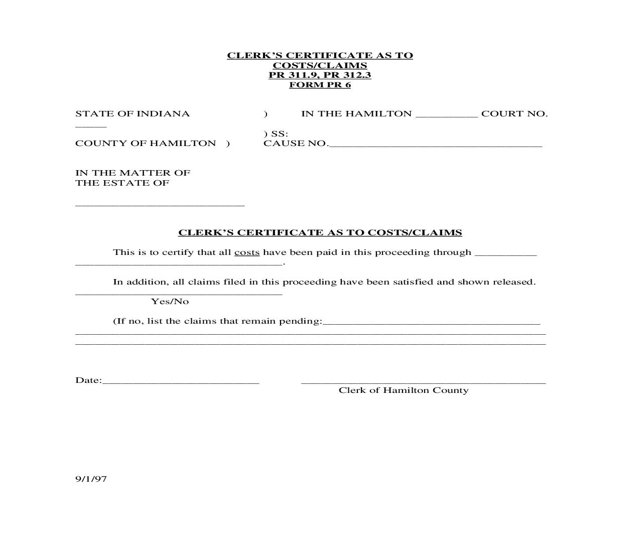 Clerks Certificate As To Costs-Claims {PR6} | Pdf Fpdf Doc Docx | Indiana