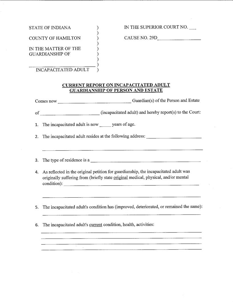 Current Report On Incapacitated Adult - Guardianship Of Person And Estate | Pdf Fpdf Docx | Indiana