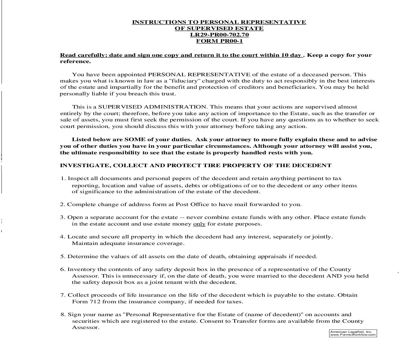 Instructions To Personal Representative Of Supervised Estate {PR1} | Pdf Fpdf Doc Docx | Indiana