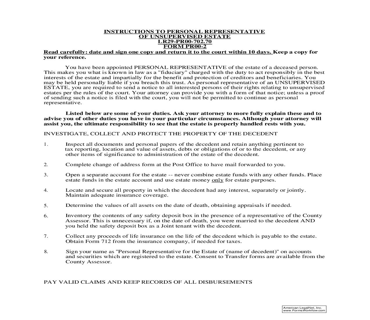 Instructions To Personal Representative Of Unsupervised Estate {PR2} | Pdf Fpdf Doc Docx | Indiana