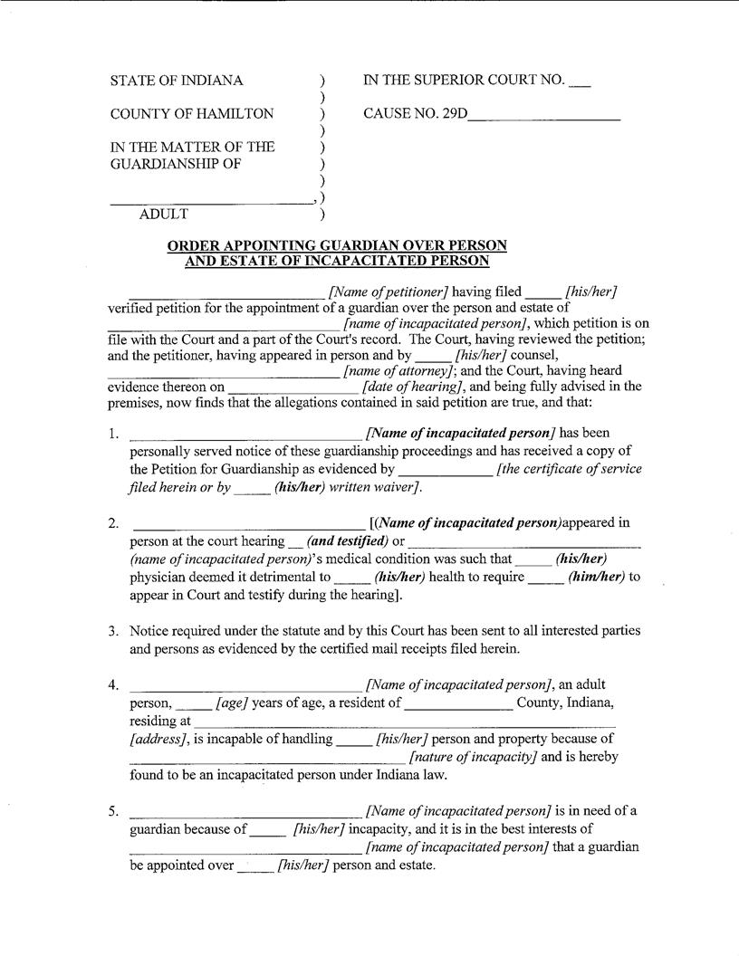 Order Appointing Guardian Over Person And Estate Of Incapacitated Person | Pdf Fpdf Docx | Indiana
