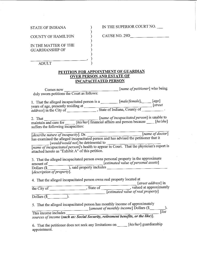 Petition For Appointment Guardian Over Person And Estate Of Incapacitated Person | Pdf Fpdf Docx | Indiana