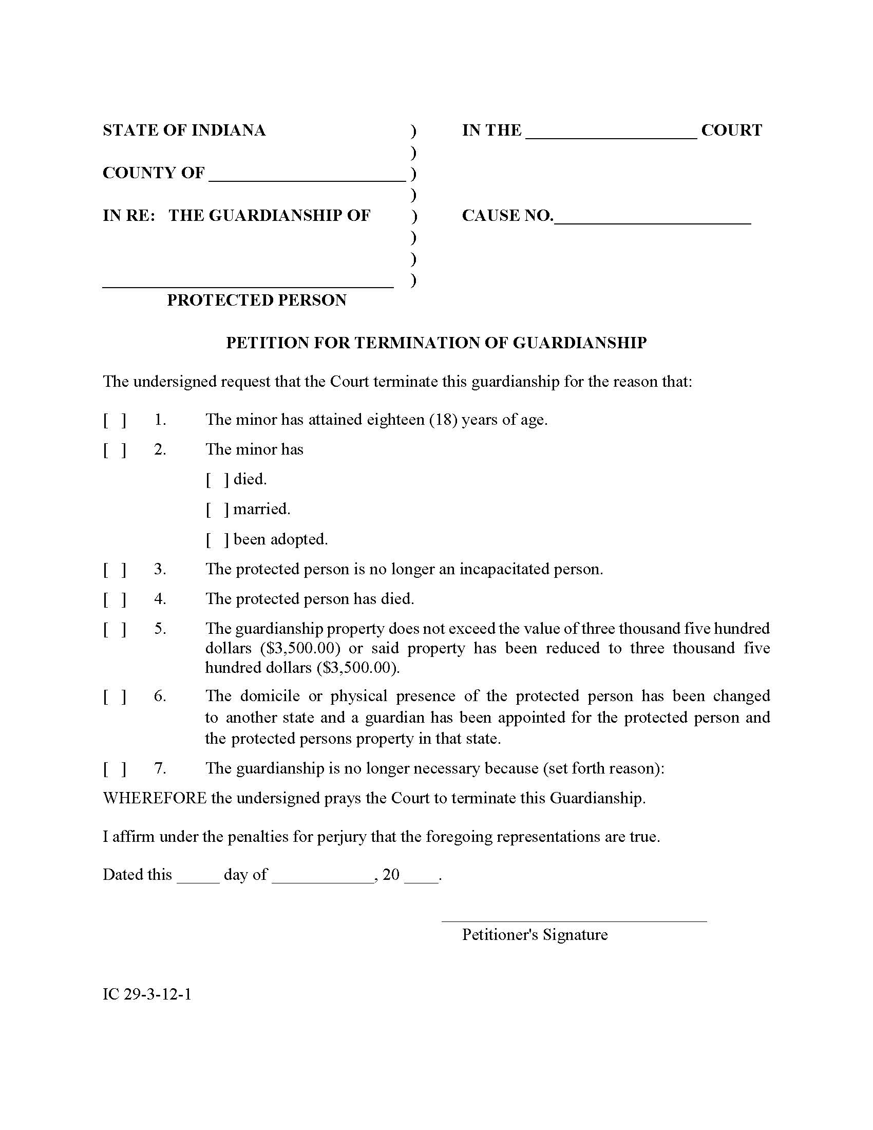 Petition For Order Terminating Guardianship | Pdf Fpdf Docx | Indiana