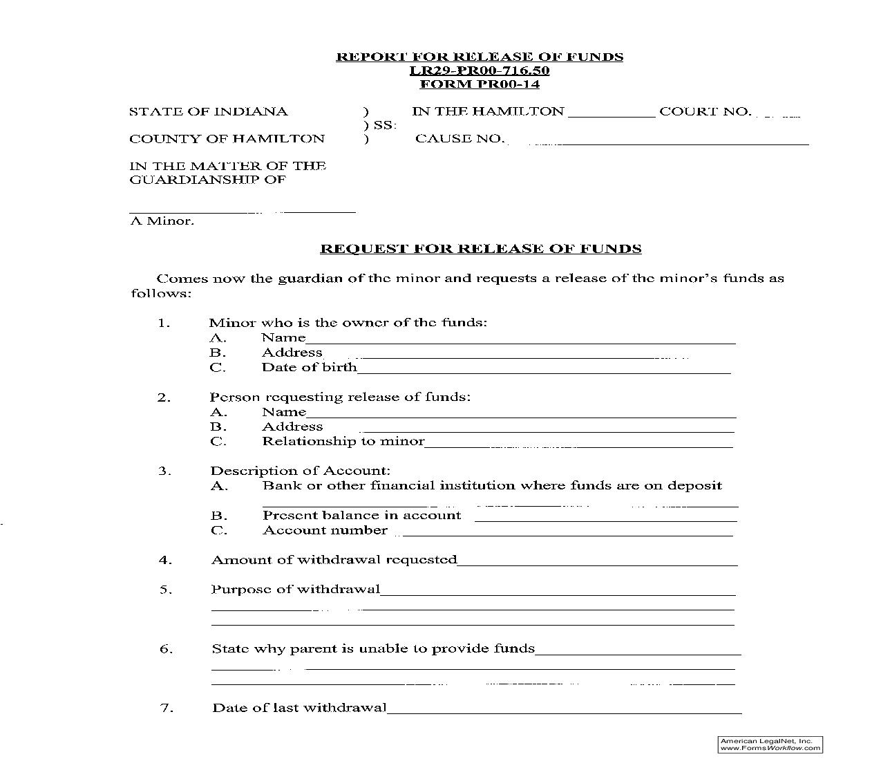 Report For Release Of Funds {PR14} | Pdf Fpdf Doc Docx | Indiana