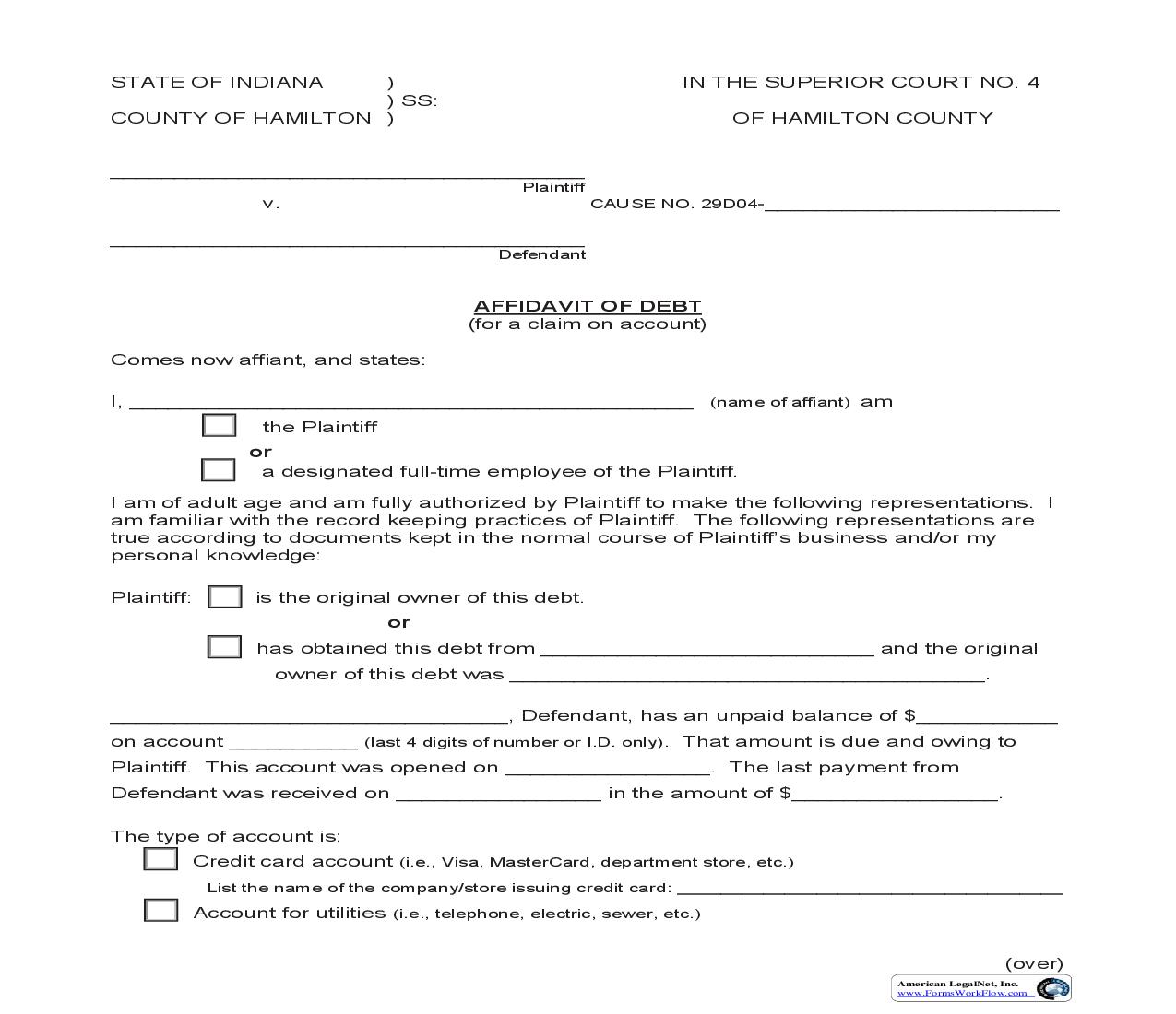 Affidavit Of Debt | Pdf Fpdf Doc Docx | Indiana