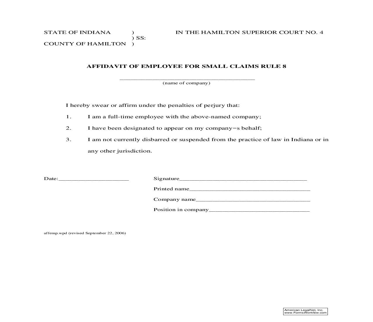 Affidavit Of Employee For Small Claims Rule 8 | Pdf Fpdf Doc Docx | Indiana