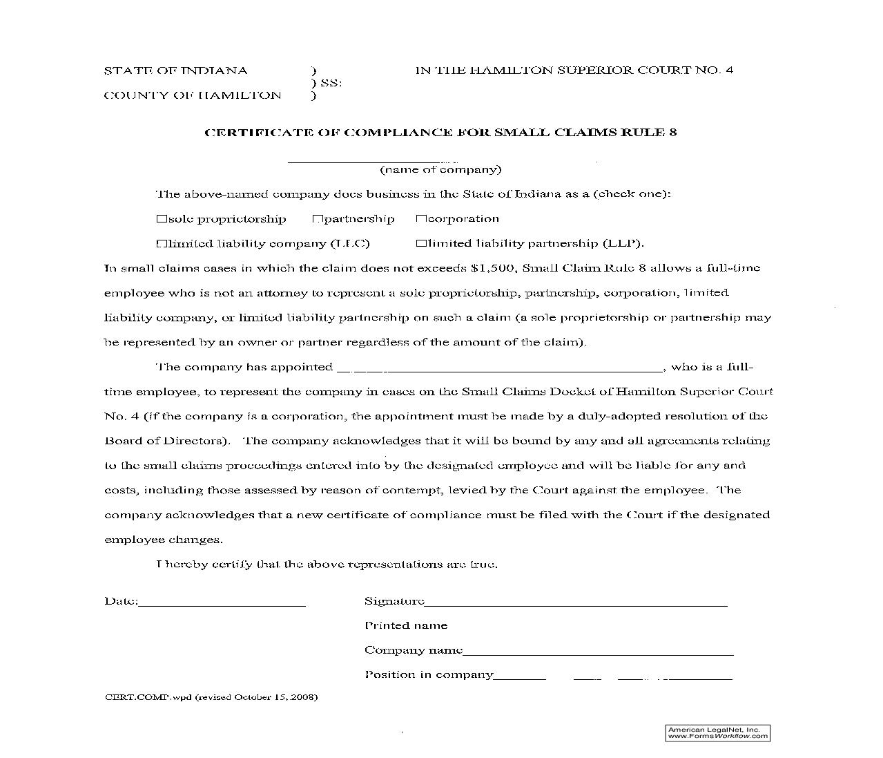 Certificate Of Compliance For Small Claims Rule 8 | Pdf Fpdf Doc Docx | Indiana