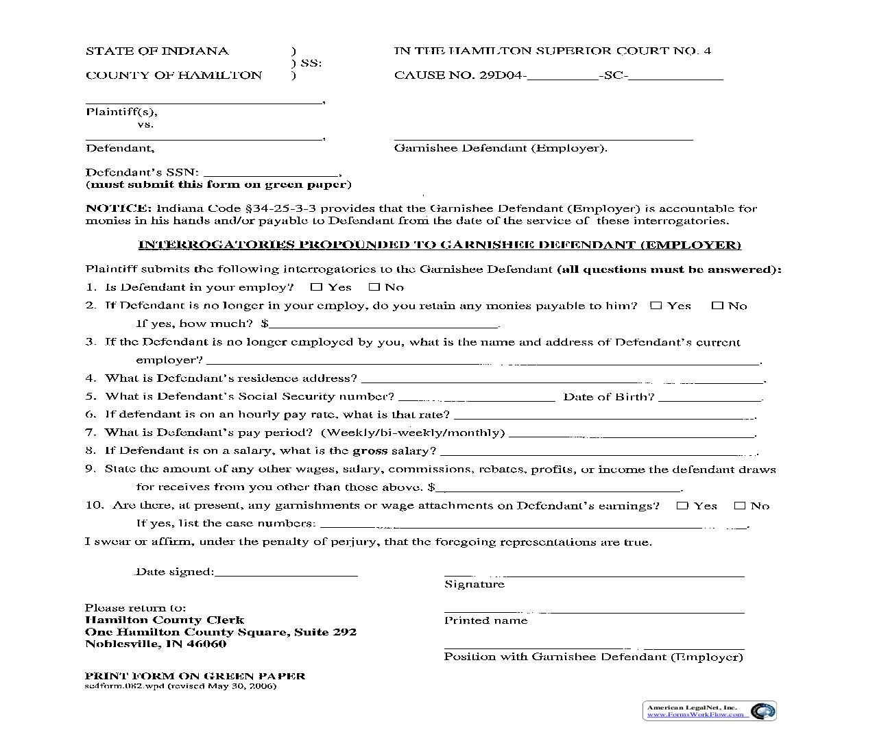 Interrogatories Propounded To Garnishee Defendant Employer {.082} | Pdf Fpdf Doc Docx | Indiana