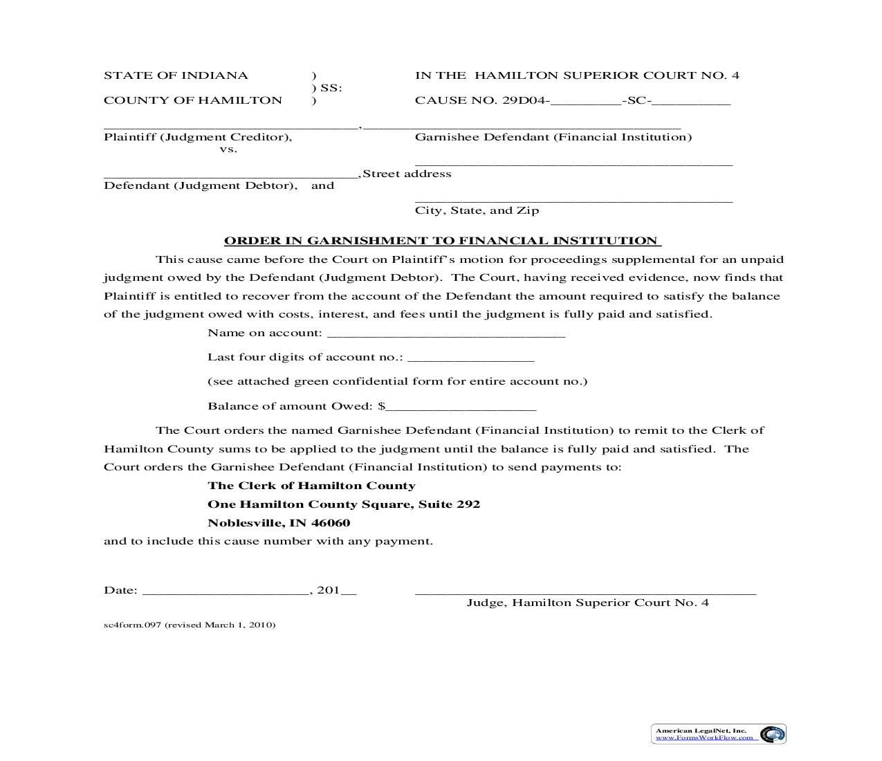 Order In Garnishment To Financial Institution {.097} | Pdf Fpdf Doc Docx | Indiana