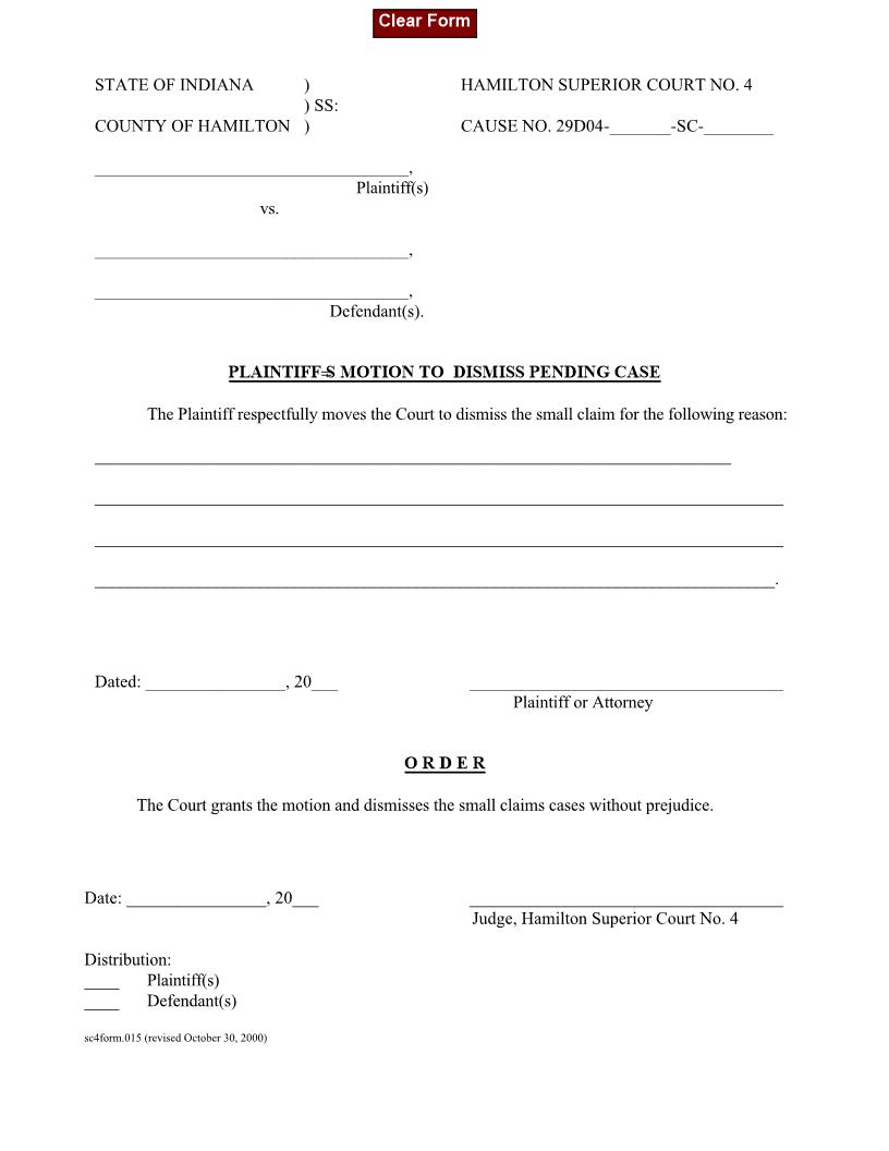 Plaintiffs Motion To Dismiss Pending Case {.015} | Pdf Fpdf Doc Docx | Indiana