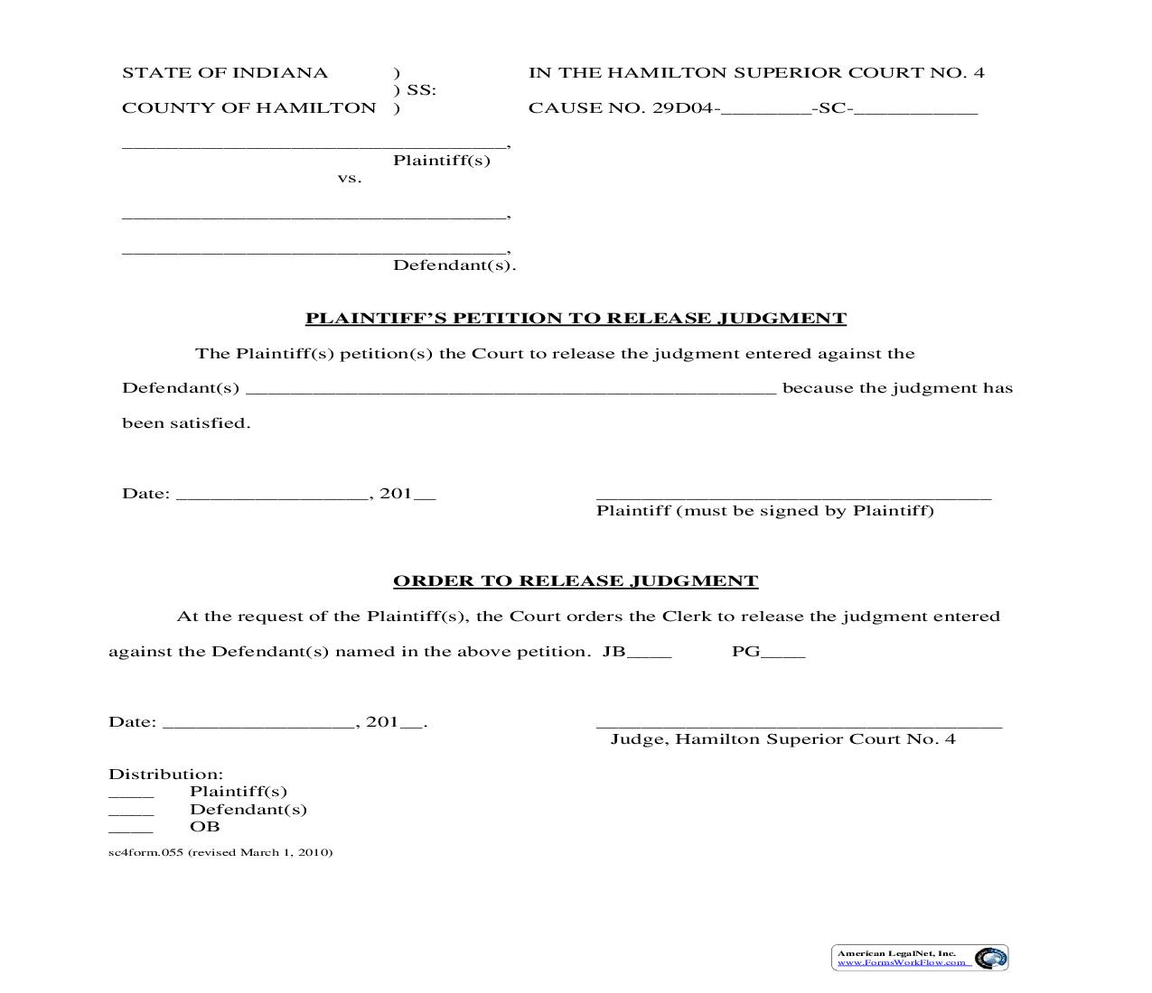 Plaintiffs Petition To Release Judgment {.055} | Pdf Fpdf Doc Docx | Indiana