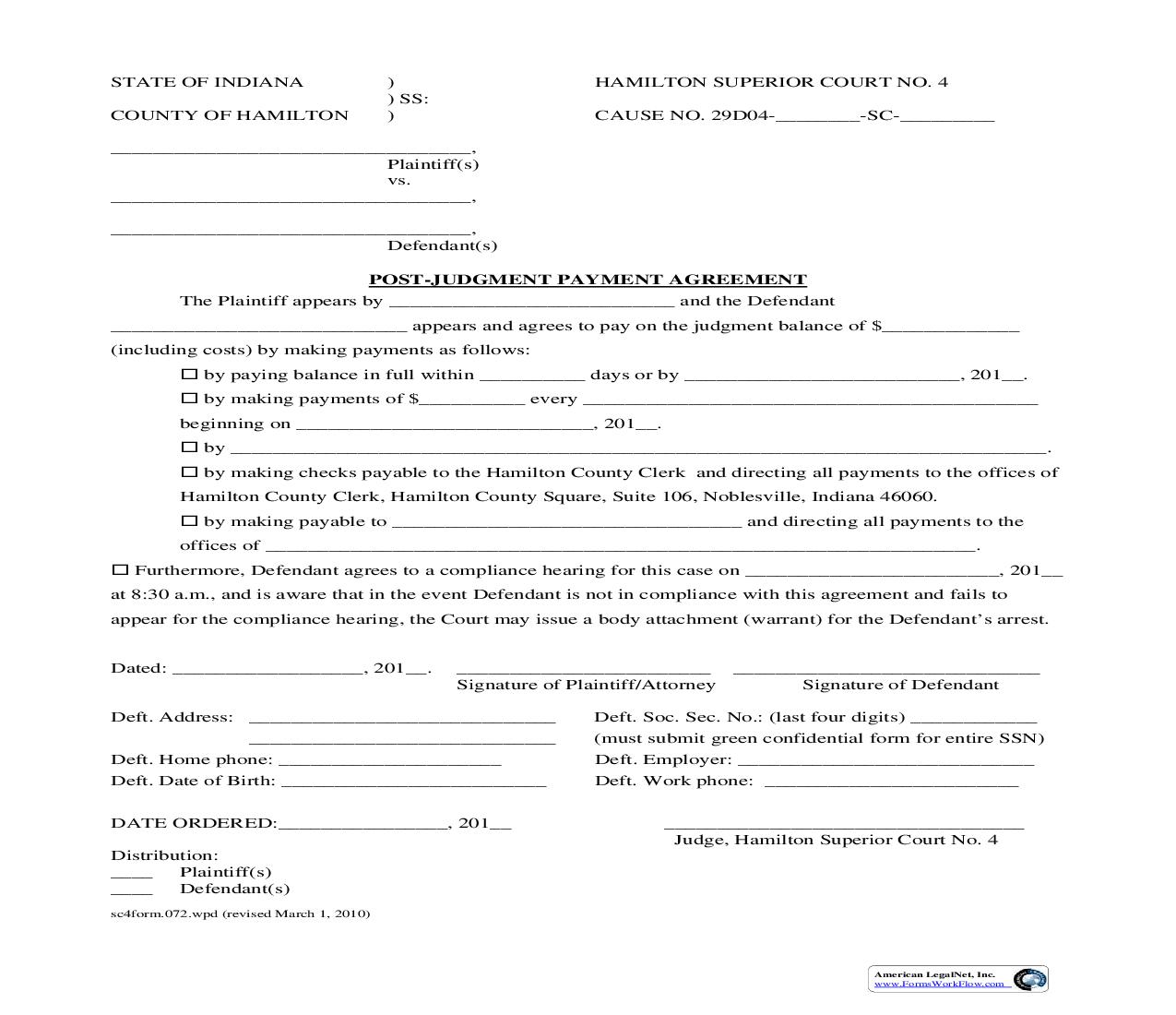 Post Judgment Payment Agreement {.072} | Pdf Fpdf Doc Docx | Indiana