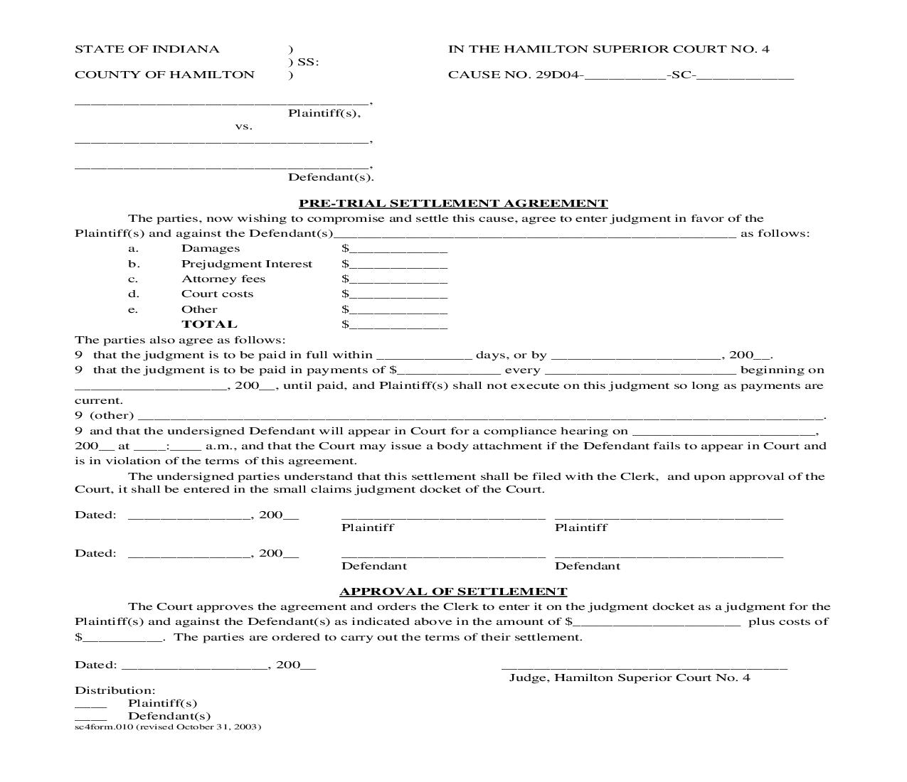 Pre Trial Settlement Agreement {.010} | Pdf Fpdf Doc Docx | Indiana