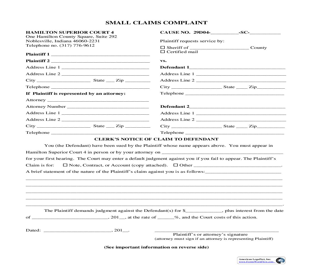 Small Claims Complaint | Pdf Fpdf Doc Docx | Indiana