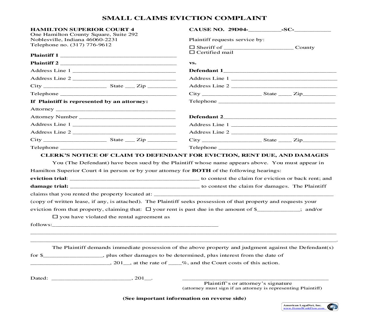 Small Claims Eviction Complaint | Pdf Fpdf Doc Docx | Indiana