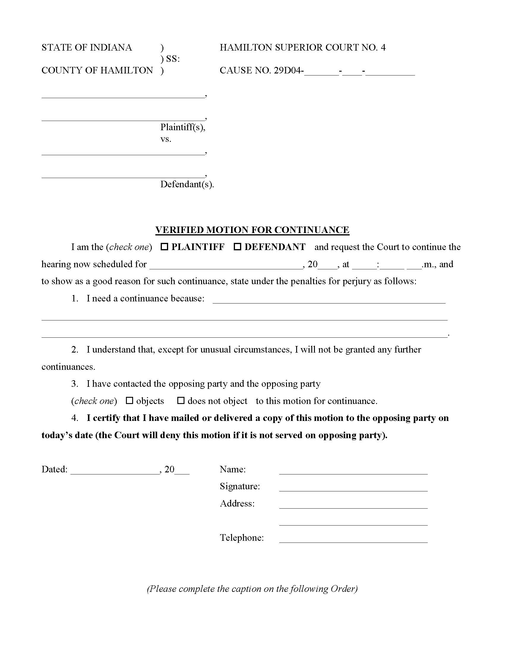 Verified Motion For Continuance And Order (Court 4) | Pdf Fpdf Doc Docx | Indiana