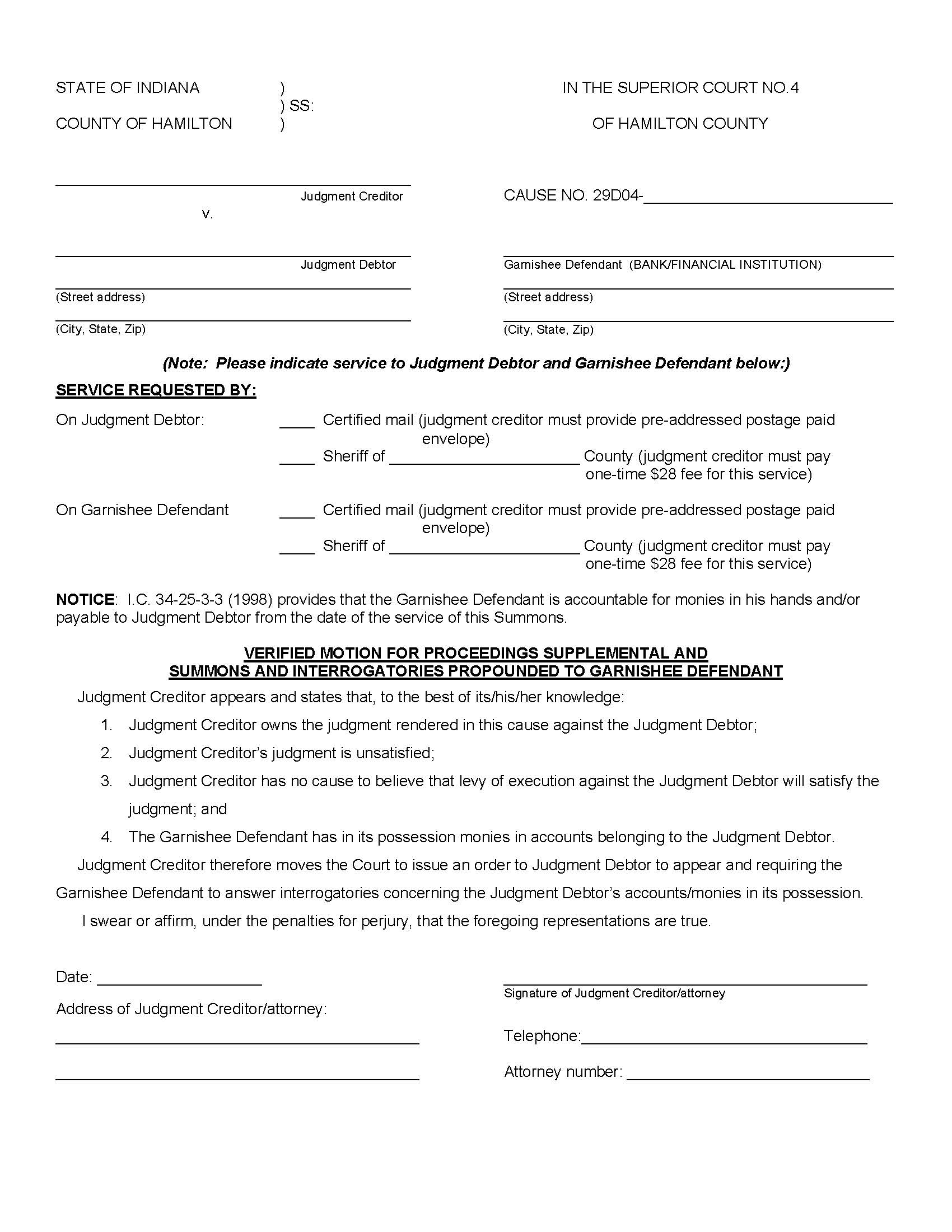 Verified Motion For Proceedings Suppl Order Summons Interrogatories (Financial Inst) | Pdf Fpdf Doc Docx | Indiana