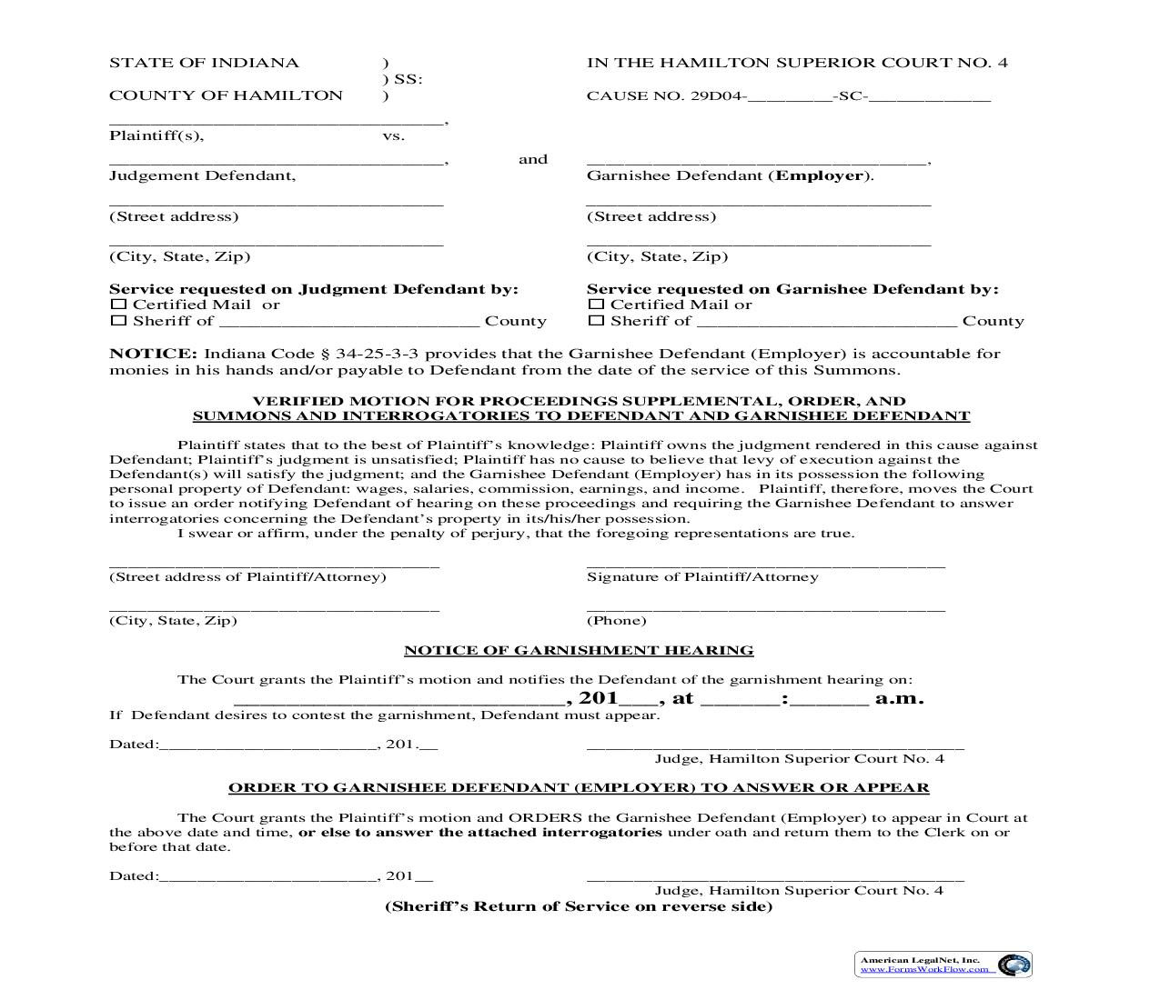 Verified Motion For Proceedings Suppl Order Summons Interrogatories To Deft (Employer) {.081} | Pdf Fpdf Doc Docx | Indiana