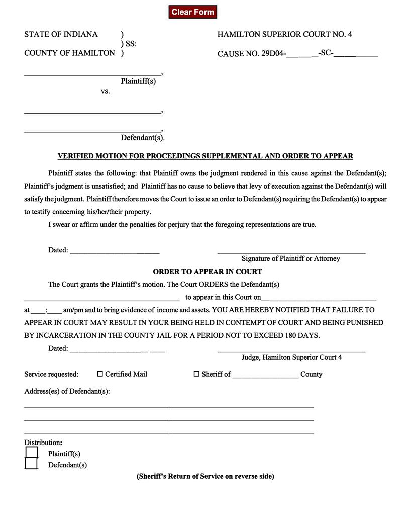 Verified Motion For Proceedings Supplemental And Order To Appear {.085} | Pdf Fpdf Doc Docx | Indiana
