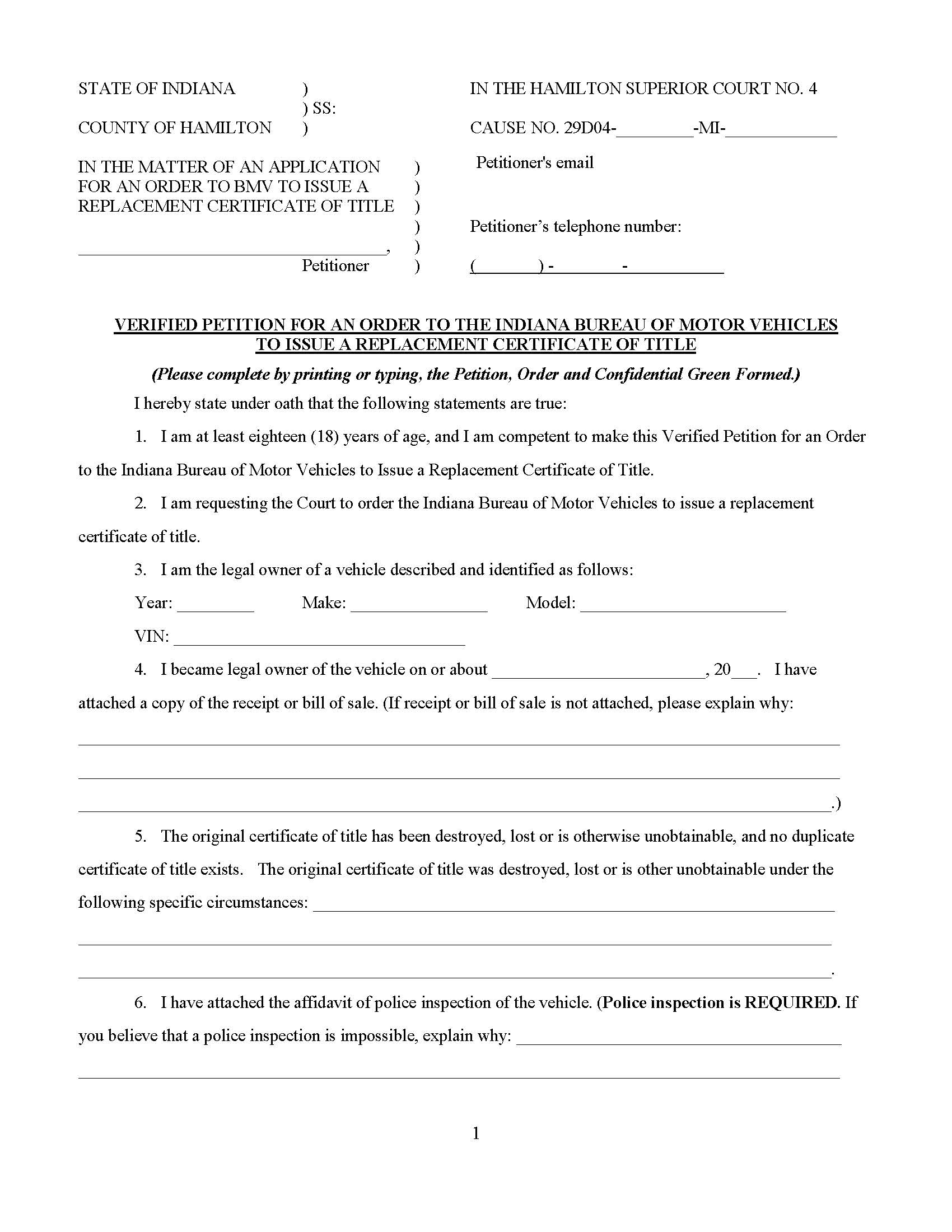 Verified Petition Replacement Certificate Of Title And Order (Court 4) | Pdf Fpdf Docx | Indiana