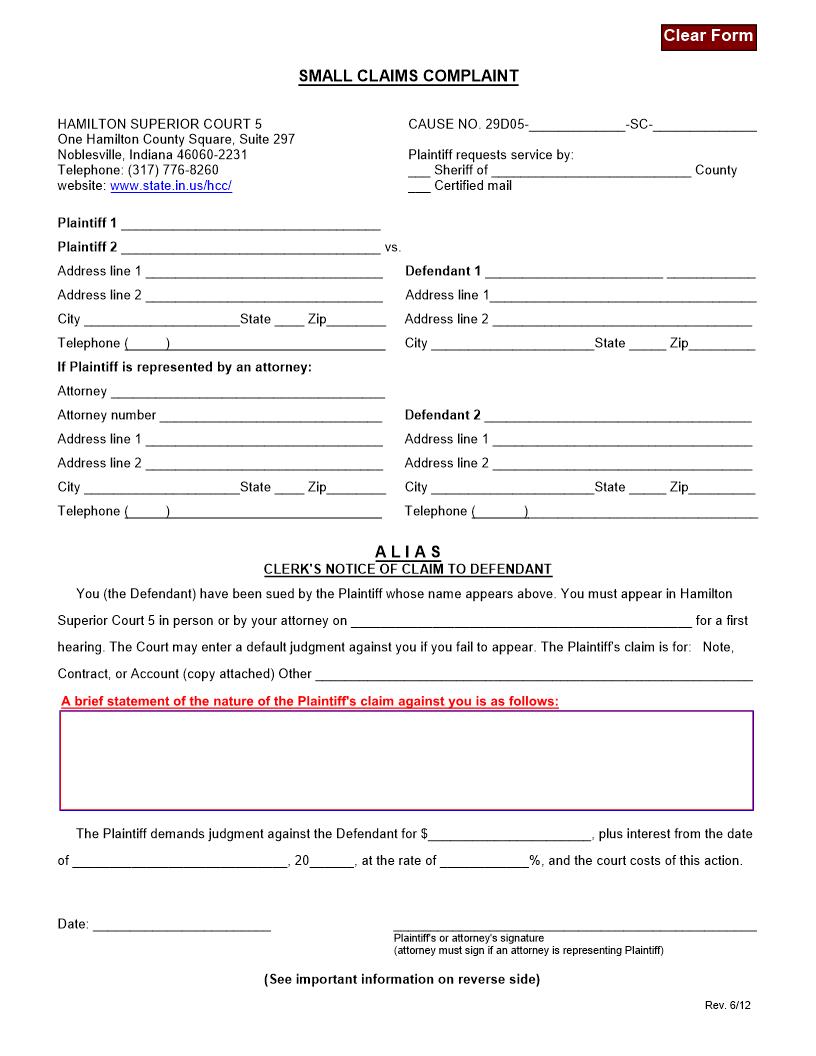 Alias Small Claims Complaint | Pdf Fpdf Doc Docx | Indiana