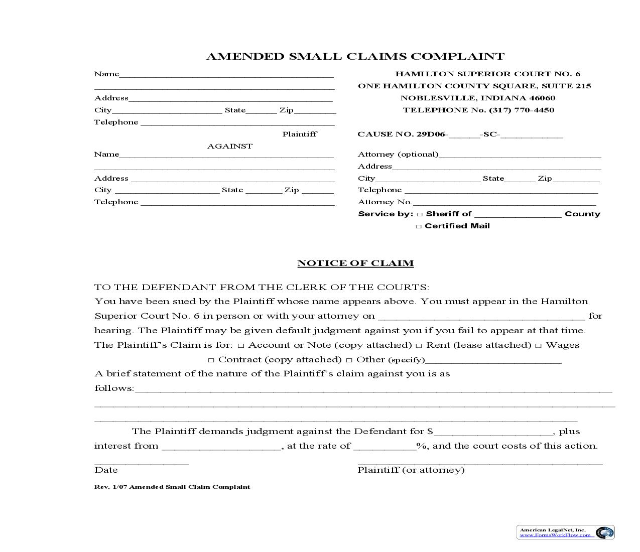 Amended Small Claims Complaint | Pdf Fpdf Doc Docx | Indiana