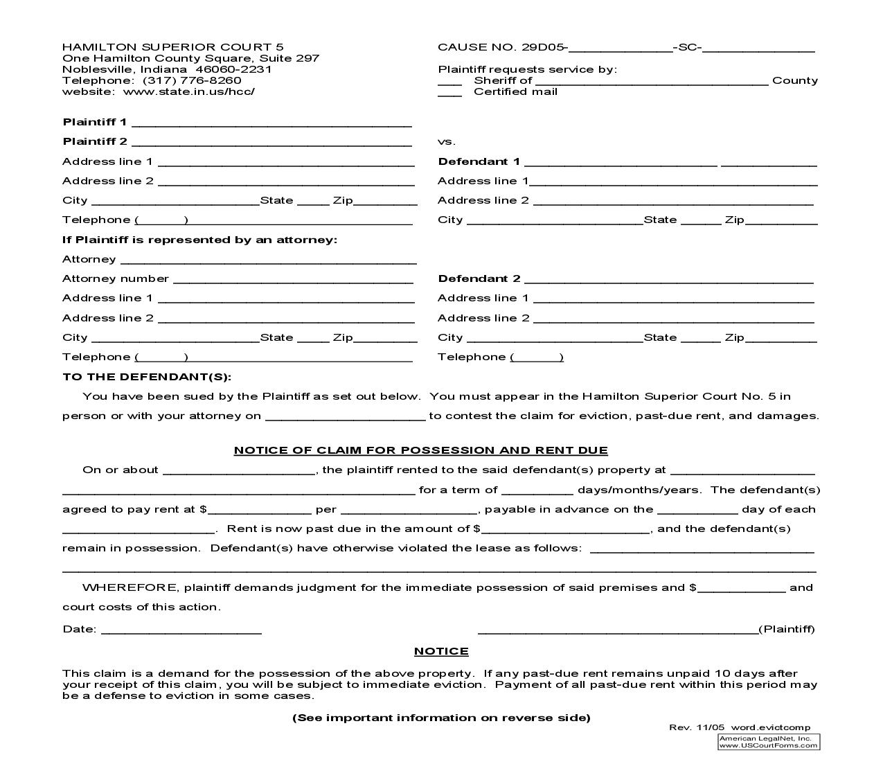 Notice Of Claim For Possession And Rent Due | Pdf Fpdf Doc Docx | Indiana